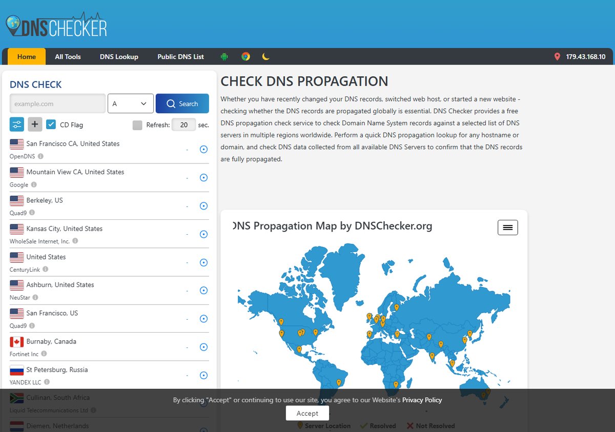 Сервис DNS Checker для проверки распространения DNS-записей