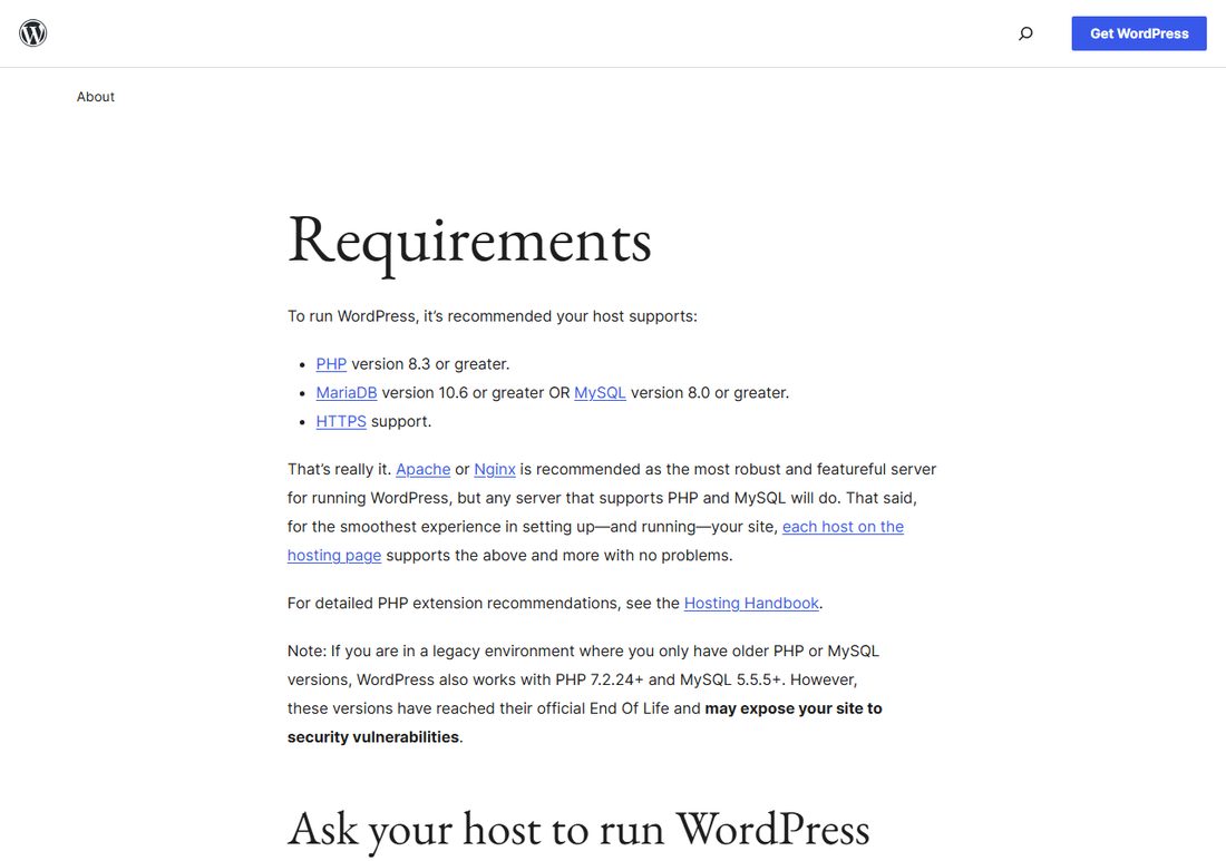 Официальные техтребования WordPress на wordpress.org